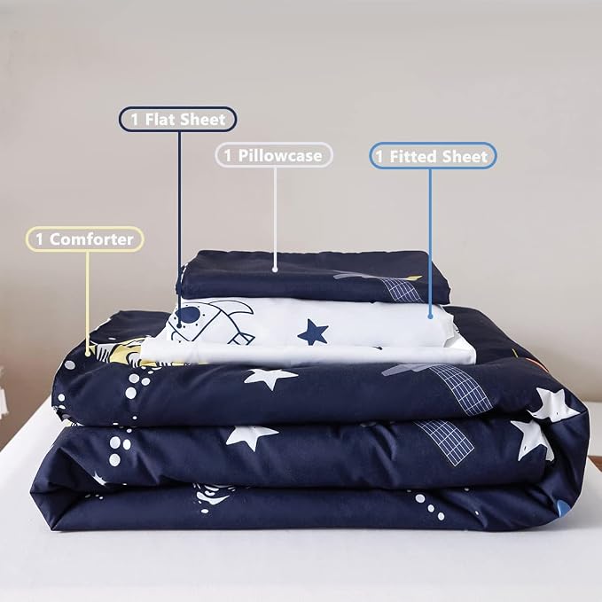 PERFEMET 4 Pcs Toddler Bedding Dark Blue Outer Space Printed Toddler Bed Set - Image 7