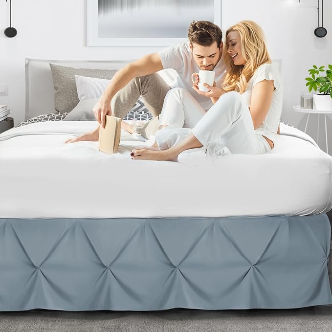 Nestl Stone Blue Bed Skirt Cal King Size, Pinch Pleat Cal King Bed Skirt - Image 6