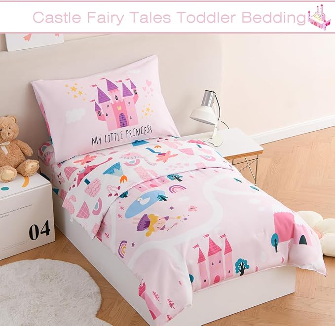 PERFEMET 4 Pieces Girls Toddler Bedding Set Pink Castle Fairy Tales Toddler - Image 2