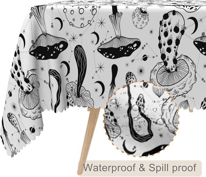 54x78inches Mushroom Tablecloth Retro 70s 60s Hippie Black and White Mushroom - Image 2