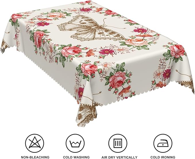 70x90inches Floral Rectangle Tablecloth Red Rose Flower Butterfly Printed - Image 6