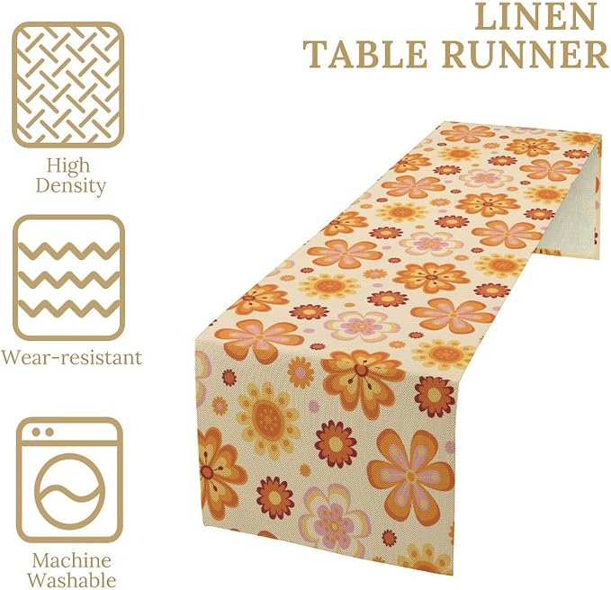 Vintage FloralTable Runner 1970s Cartoon Daisy Colorful Retro Pink Yellow Set - Image 3