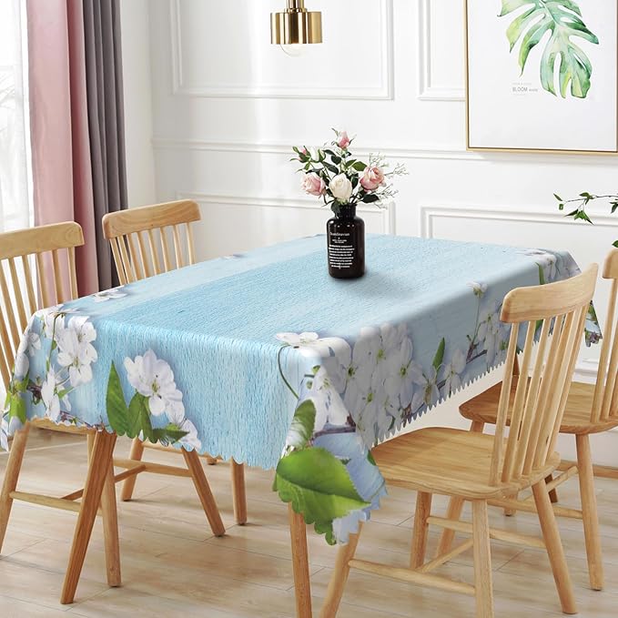 70x140inches Blue Wooden Rectangle Tablecloth Cherry Blossom Flowers Border by TTQYFNM