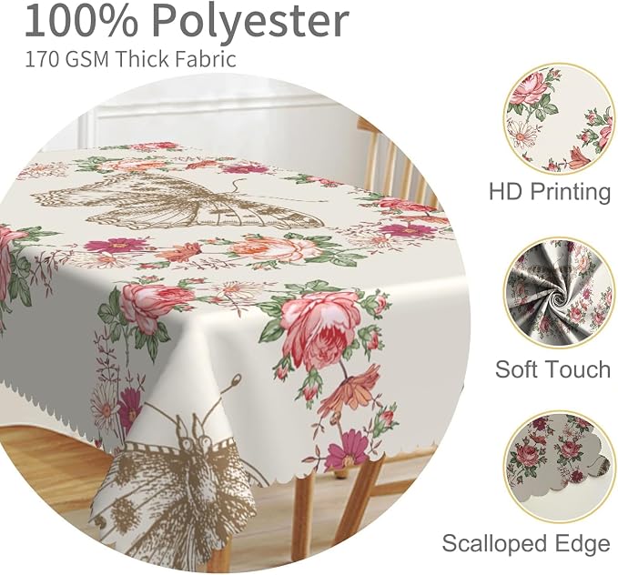 60x120inches Floral Rectangle Tablecloth Red Rose Flower Butterfly Printed - Image 3