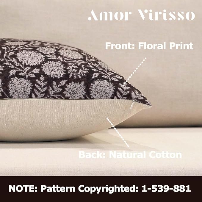 Amor Virisso Floral Throw Pillow Covers 18x18 Block Print Pillow Covers Vintage - Image 2