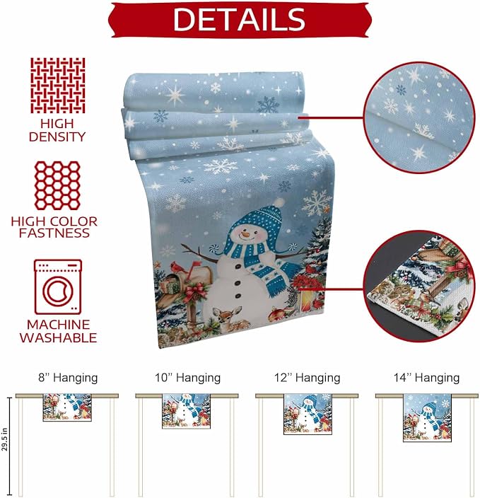 Blue Snowman Christmas Table Runner, 13x108 Inch, Xmas Tree Table Runners Elk - Image 5