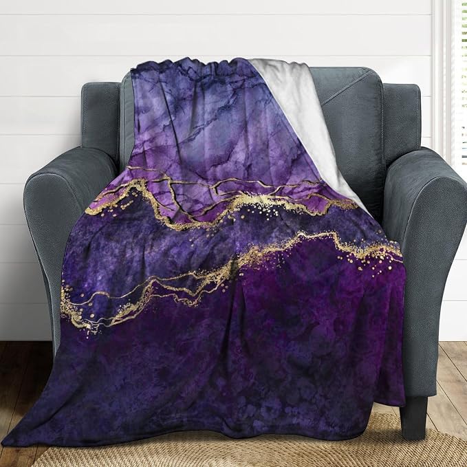 Modern Marble Blanket, Abstract Luxury Baroque Art Golden Purple Stone Veins - Image 3