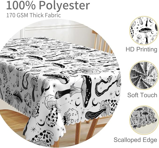 60x108inches Mushroom Tablecloth Retro 70s 60s Hippie Black and White Mushroom - Image 3