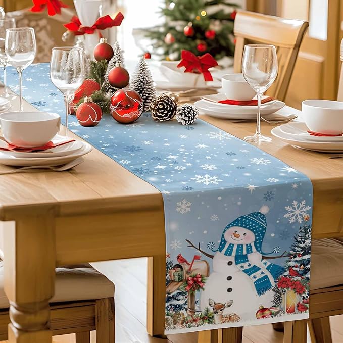 Blue Snowman Christmas Table Runner, 13x108 Inch, Xmas Tree Table Runners Elk - Image 7