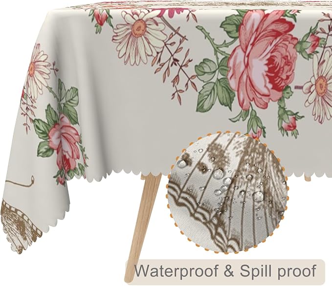 54x86inches Floral Rectangle Tablecloth Red Rose Flower Butterfly Printed - Image 2