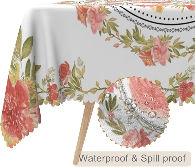 60x120inches Floral Rectangle Tablecloth Pink Rose Flower Wreath Printed - Image 2