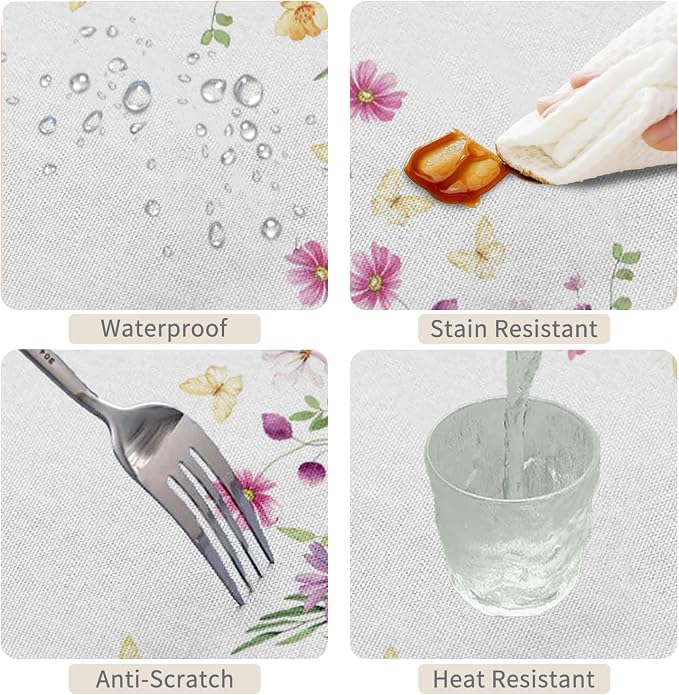 70x90inches Floral Rectangle Tablecloth Pink Wild Flowers Butterfly Botanical - Image 4