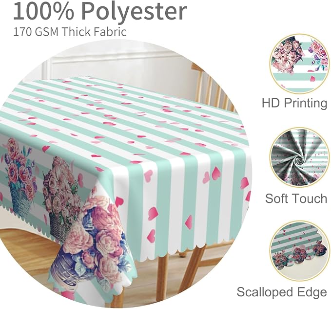 54x86inches Mint and White Stripes Tablecloth Pink Flowers Hearts Printed Table - Image 3