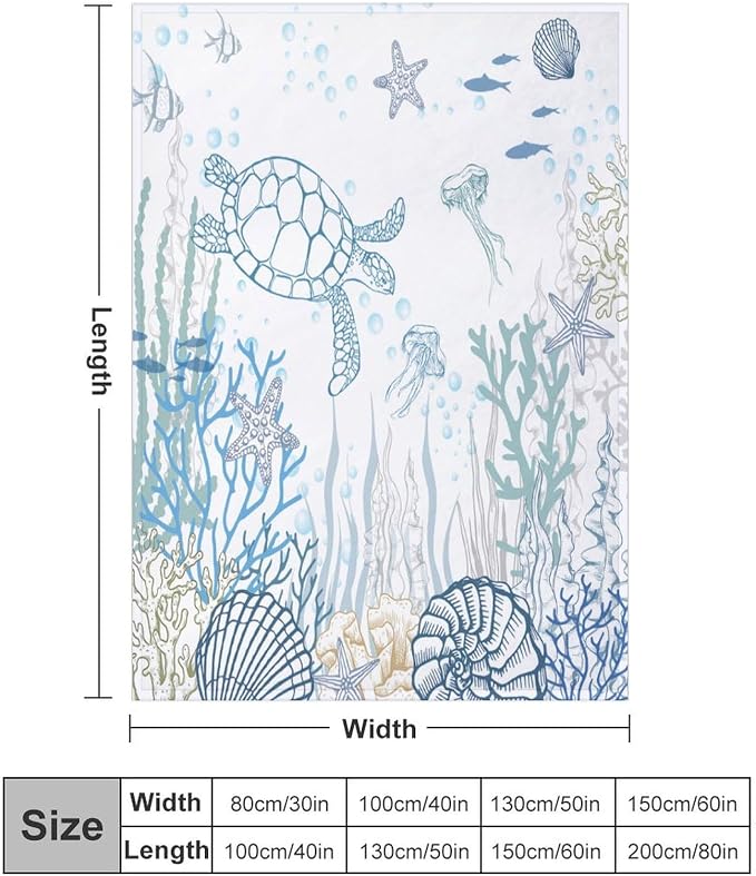 Nautical Turtle Throw Blanket, Coastal Sea Ocean Theme Coral Starfish Seashell - Image 2