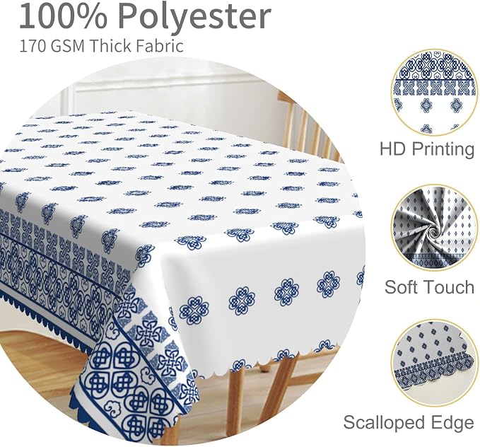 60x120inches Blue Medallion Print Tablecloth Mykonos Blue Mediterranean Tile - Image 3