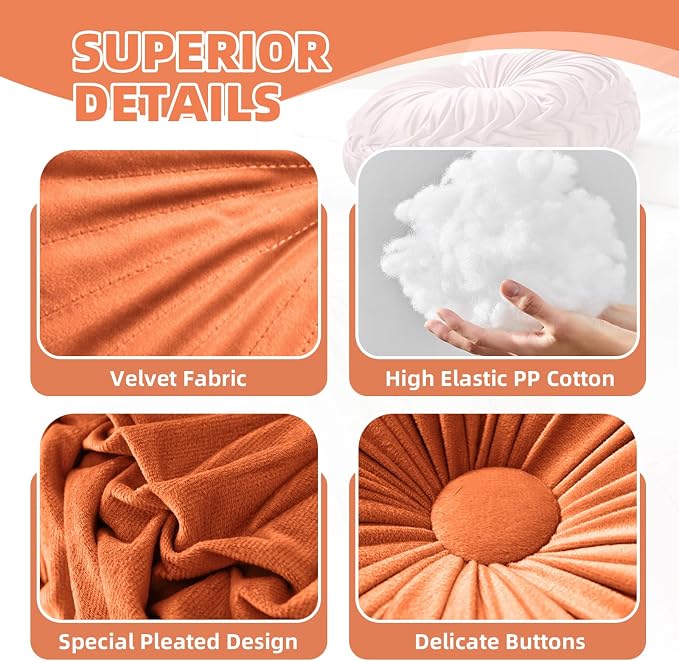 2 Pcs Round Throw Pillows Pleated Velvet Pumpkin Round Pillows Floor Cushion - Image 3