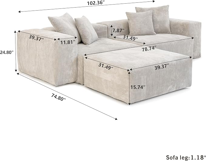 JACH Corduroy Modular Sectional Couch, Oversized Sectional Sofa - Image 2