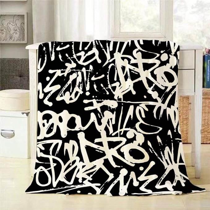 Mugod Black White Pattern Throw Blanket Graffiti Seamless Pattern by Mugod