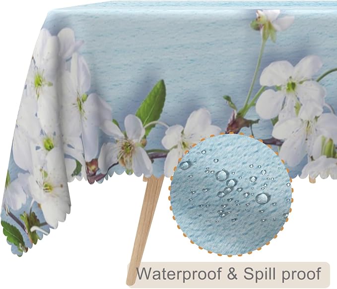 70x108inches Blue Wooden Rectangle Tablecloth Cherry Blossom Flowers Border - Image 2