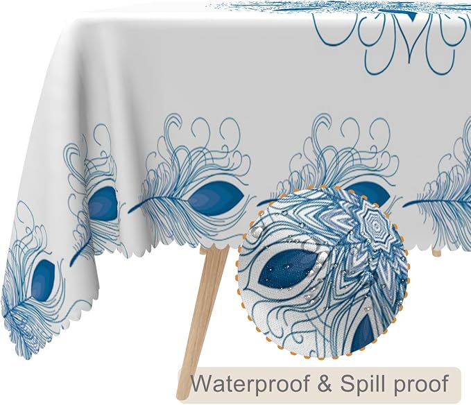 60x102inches Boho Floral Print Tablecloth Blue White Bohemian Floral Pattern - Image 2