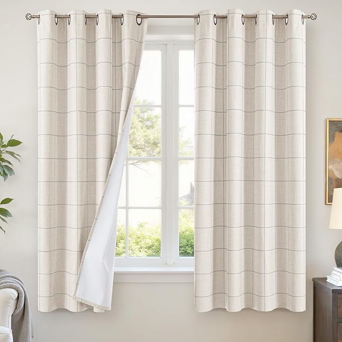 Grey Plaid Linen Blackout Curtains by Lajode