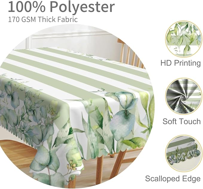 70x140inches Green and White Stripes Tablecloth Watercolor Green Eucalyptus - Image 3