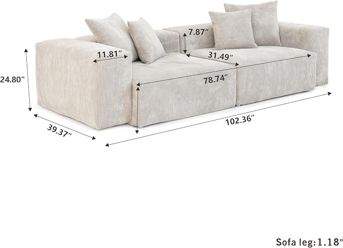 JACH 102" Sectional Couch with 4 Pillows, Corduroy Modular Sectional Sofa - Image 2