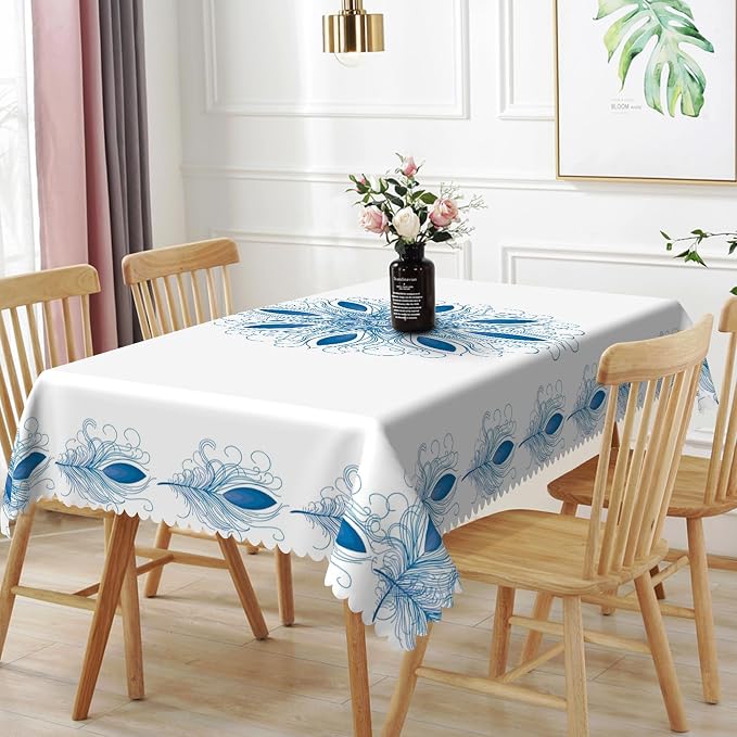 60x102inches Boho Floral Print Tablecloth Blue White Bohemian Floral Pattern by TTQYFNM
