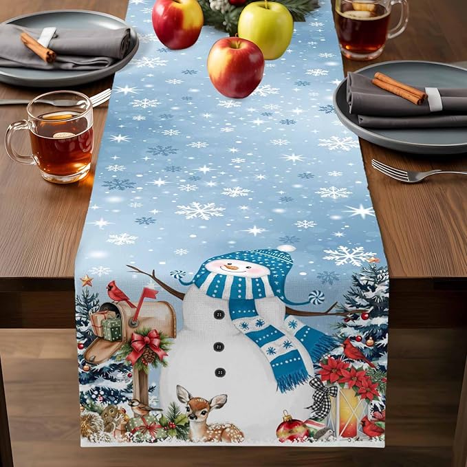 Blue Snowman Christmas Table Runner, 13x108 Inch, Xmas Tree Table Runners Elk - Image 9