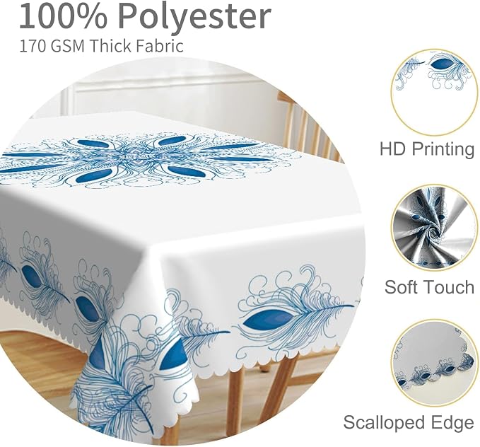 60x102inches Boho Floral Print Tablecloth Blue White Bohemian Floral Pattern - Image 3