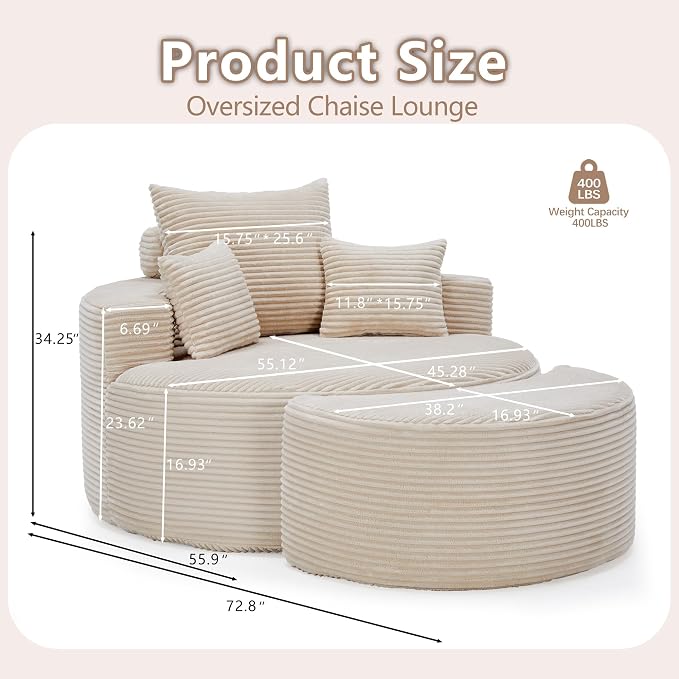 55.11" W Oversized Round Chaise Lounge Chair, Deep Seat Corduroy Cloud - Image 2
