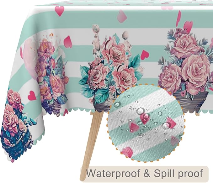 54x86inches Mint and White Stripes Tablecloth Pink Flowers Hearts Printed Table - Image 2
