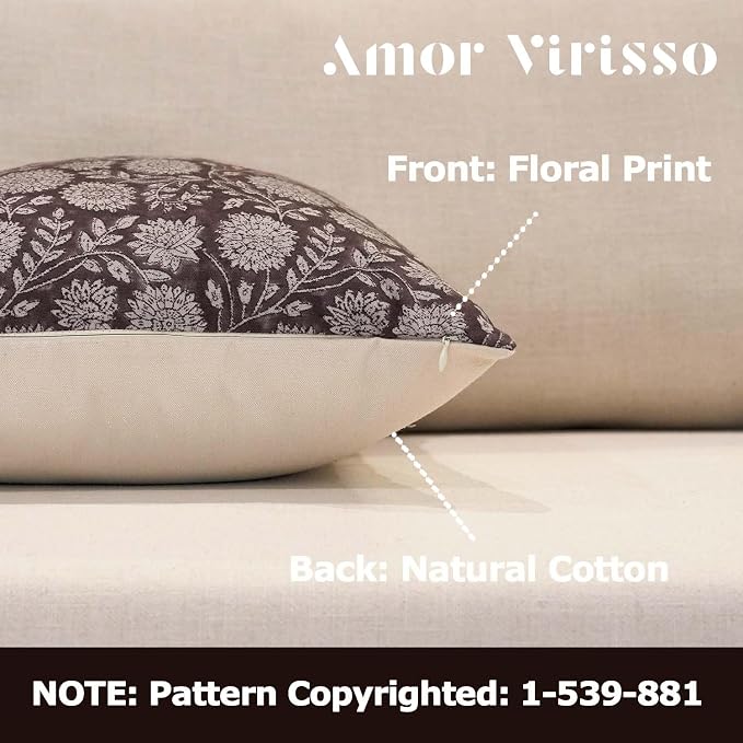 Amor Virisso Floral Pillow Covers 20x20 Throw Pillow Covers Vintage Block Print - Image 2