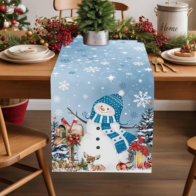 Blue Snowman Christmas Table Runner, 13x108 Inch, Xmas Tree Table Runners Elk by Unknown
