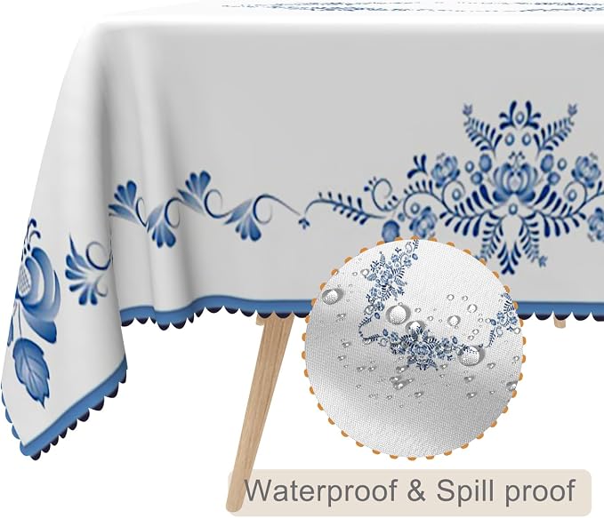 70x140inches Blue Floral Rectangle Tablecloth Blue and White Porcelain - Image 2