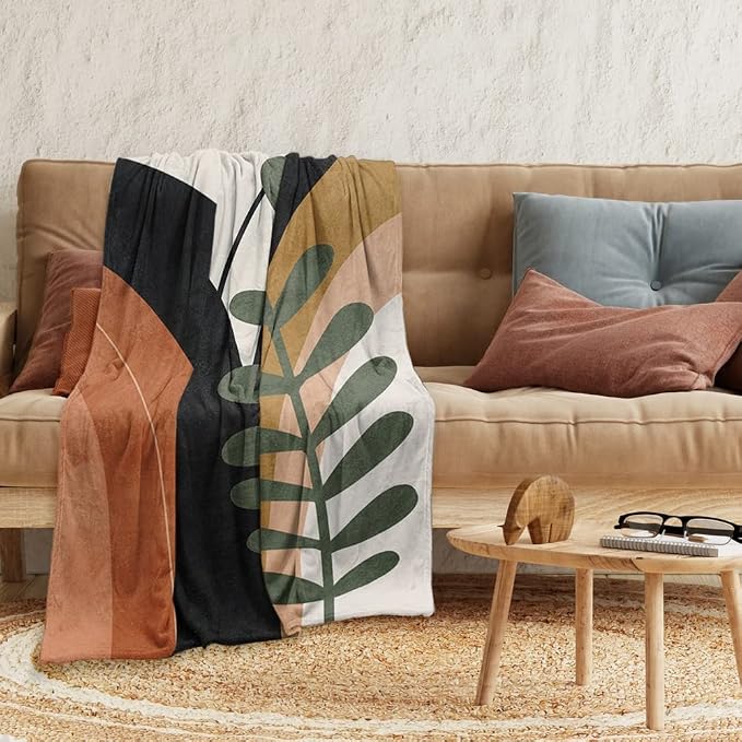Boho Mid Century Blankets Black Geometric Throws Beige Abstract Modern Throw - Image 3