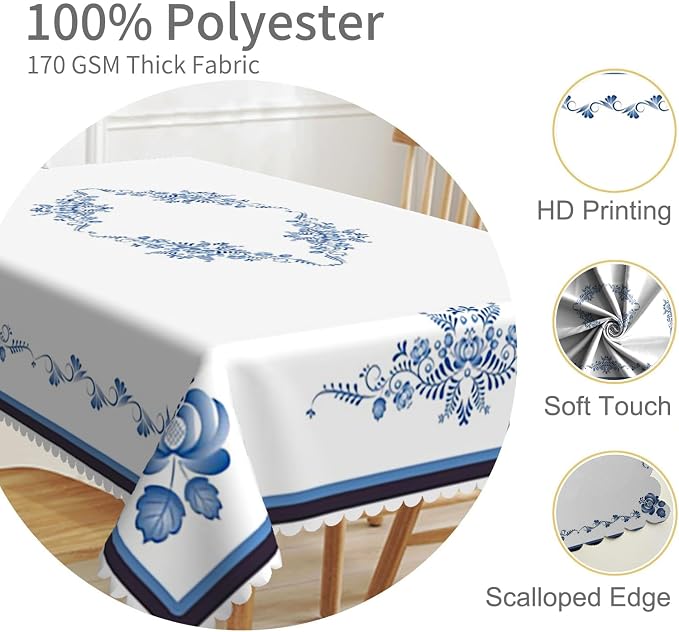 70x140inches Blue Floral Rectangle Tablecloth Blue and White Porcelain - Image 3