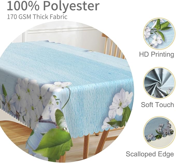 70x140inches Blue Wooden Rectangle Tablecloth Cherry Blossom Flowers Border - Image 3