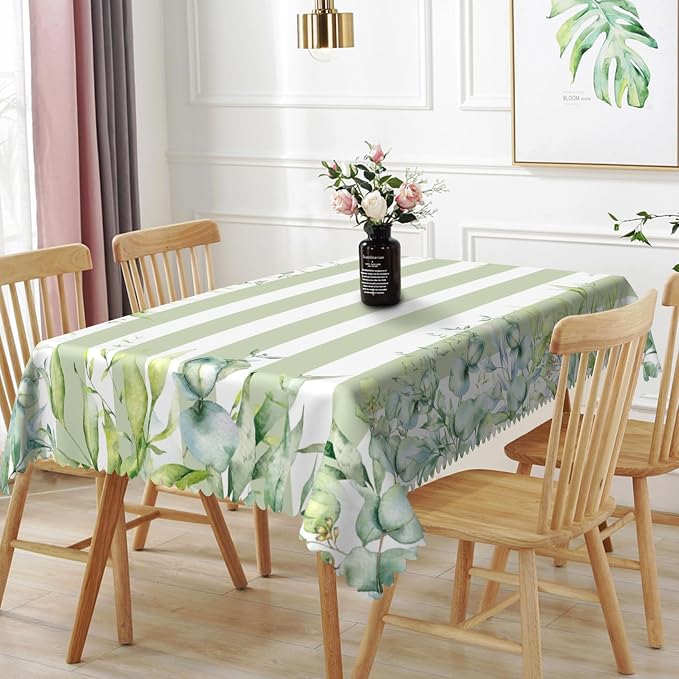 70x140inches Green and White Stripes Tablecloth Watercolor Green Eucalyptus by TTQYFNM
