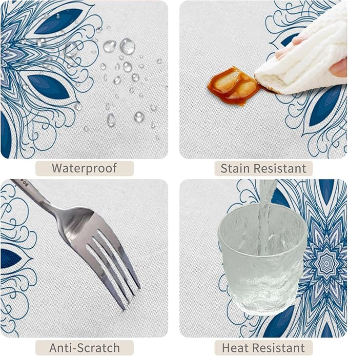 60x102inches Boho Floral Print Tablecloth Blue White Bohemian Floral Pattern - Image 4