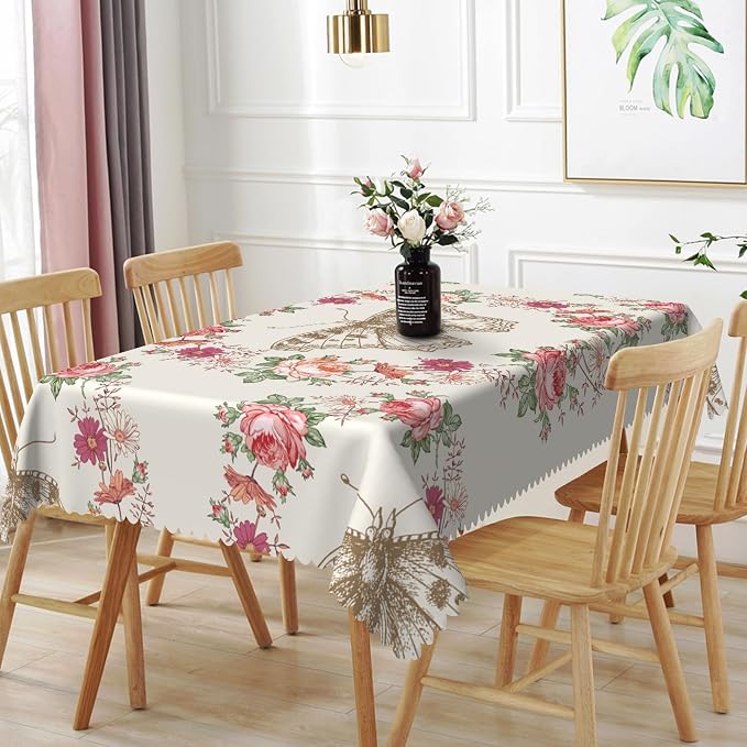 70x120inches Floral Rectangle Tablecloth Red Rose Flower Butterfly Printed by TTQYFNM