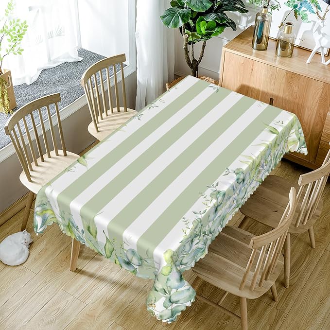 70x90inches Green and White Stripes Tablecloth Watercolor Green Eucalyptus - Image 5
