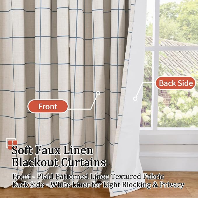 Navy Blue Plaid Patterned Curtains Thermal Insulated - Image 3