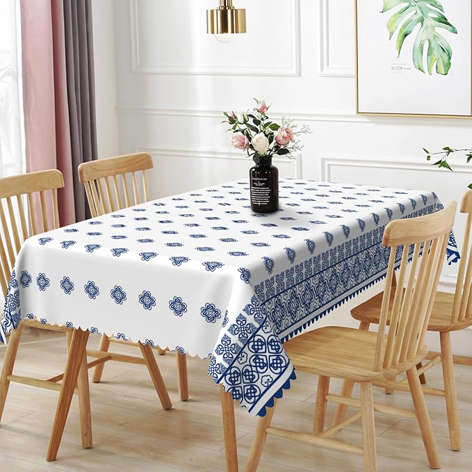 70x140inches Blue Medallion Print Tablecloth Mykonos Blue Mediterranean Tile by TTQYFNM