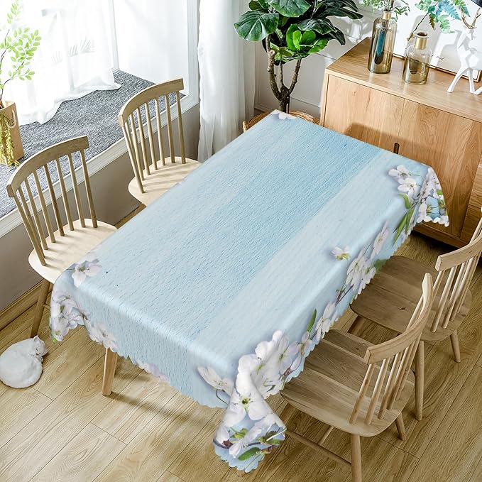 70x140inches Blue Wooden Rectangle Tablecloth Cherry Blossom Flowers Border - Image 5