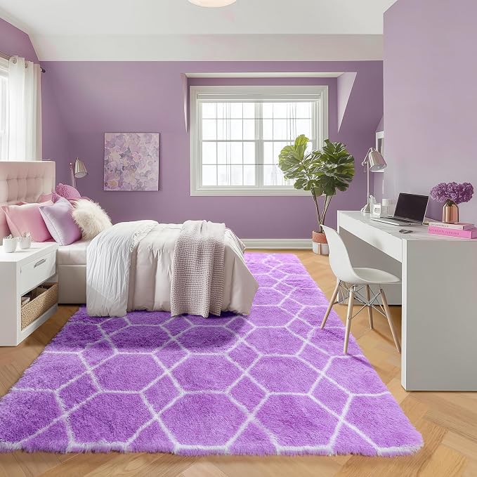 ONASAR 5x7 Area Rugs for Living Room Bedroom, Washable Fluffy Purple and White - Image 5