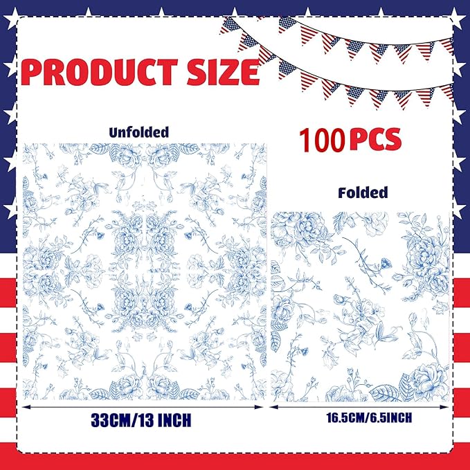 100 Pack Blue Floral Cocktail Napkins Blue and White Floral Toile Paper Napkins - Image 2
