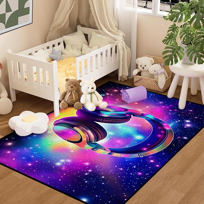 Galaxy Game Area Rug Music Headphone Rugs Colorful Throw Rug Non-Slip Carpet - Image 4