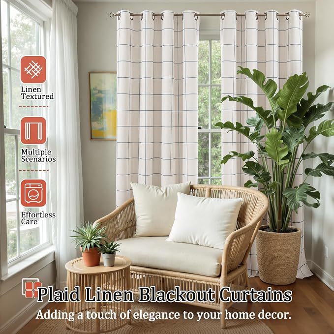 Navy Blue Plaid Patterned Curtains Thermal Insulated - Image 2