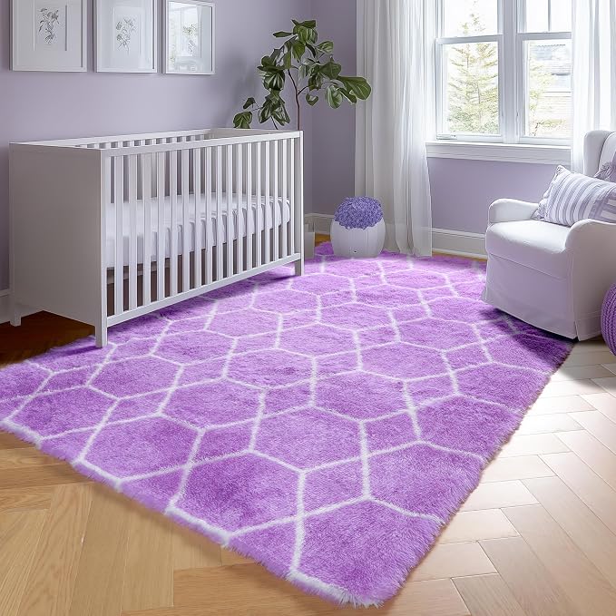 ONASAR 5x7 Area Rugs for Living Room Bedroom, Washable Fluffy Purple and White - Image 7